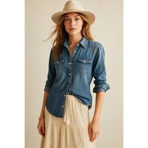 Cavalini Womens M Blouse Shirt Denim  Snap Button Long Roll Tab Sleeve Casual